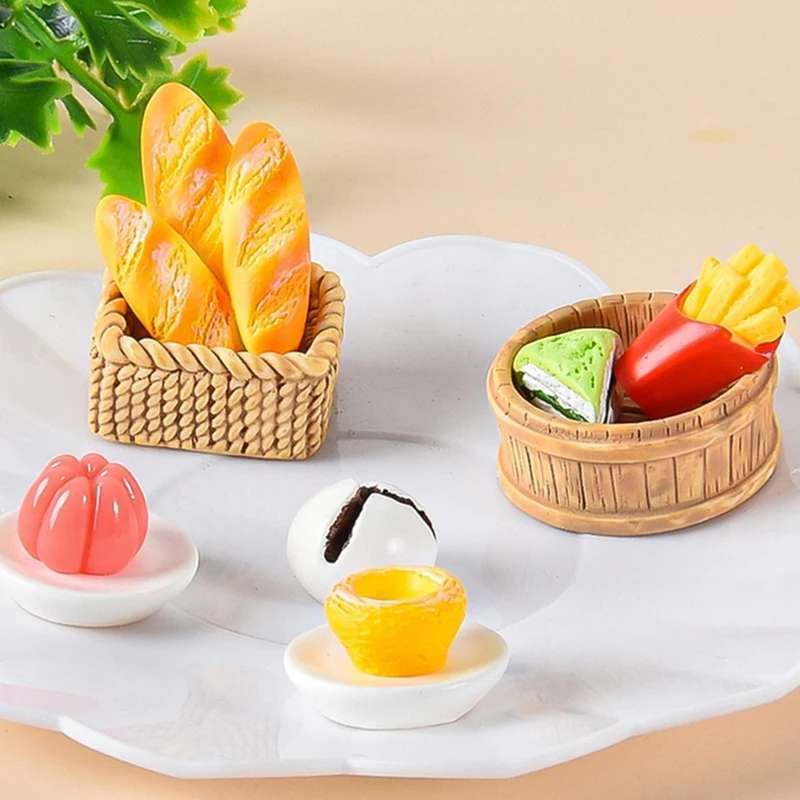 Dollhouse Miniature Pretend Play Toy para Crianças, Bolo, Pão, Torta De Ovo, Bule, Bandeja De Cesta, Café da manhã, Modelo Alimentar, Decoração De Cozinha, 1 Conjunto, 1:12, 1 Conjunto