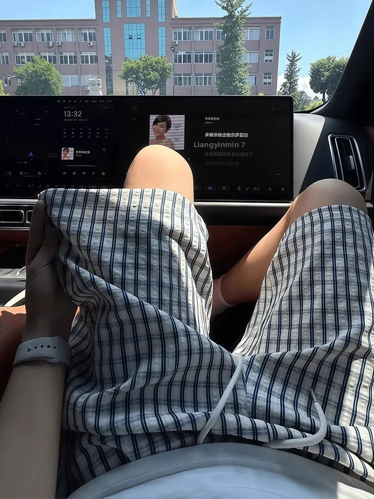 

Сине-белые клетчатые тканевые брюки Qui Dry Thin Five Parts Spor orts для мужчин и женщин, летняя уличная пляжная одежда