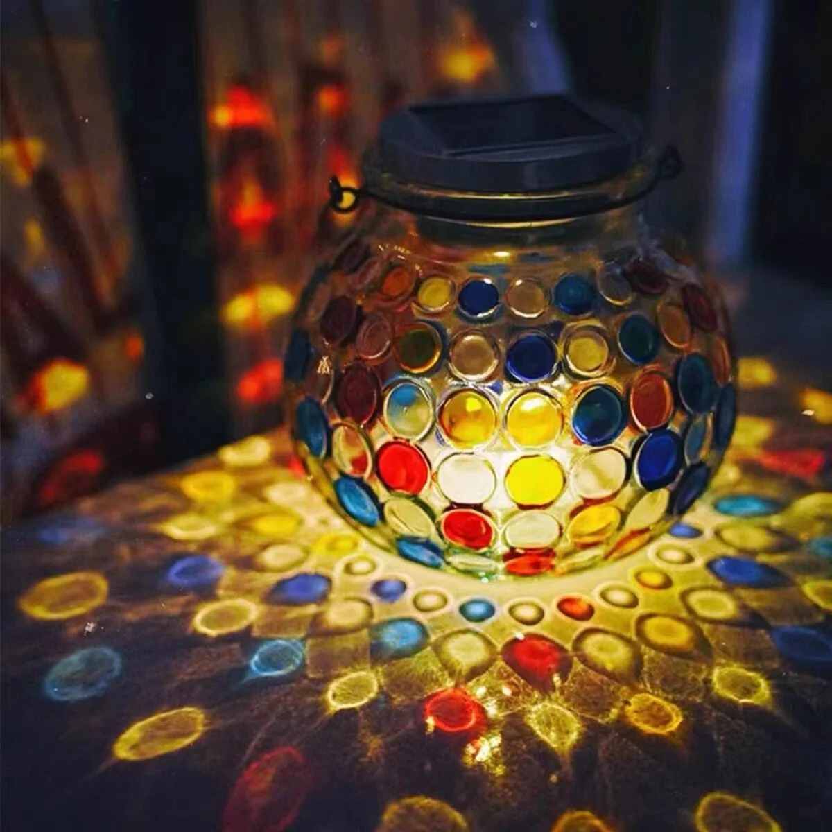 Solar Mosaic Glass Jar Light LED Color Pattern Projection Night Lamp Waterproof Hanging Lantern for Patio Yard Decor