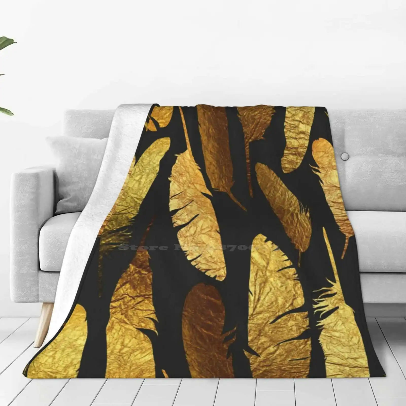 - Golden Feathers - Hot Sale Printing High Qiality Warm Flannel Blanket Jewels Feathers Fabulous Magical Seamless High Contrast