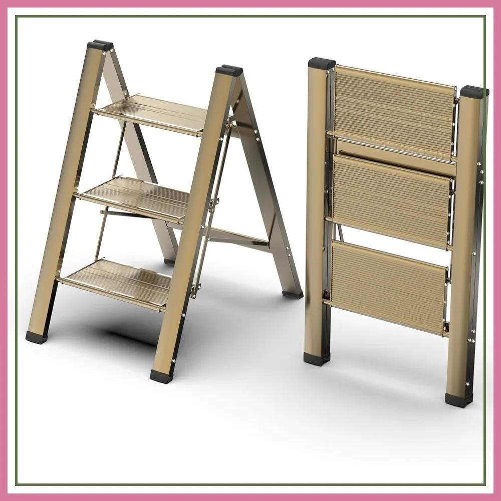 

3 Step Ladder, Folding Stool, Gold, Non Slip Wide Treads, Lightweight for Home Kitchen, 330 Lbs Capacity