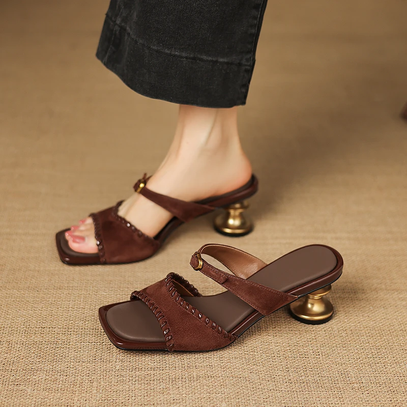 2026 new summer women pumps natural leather 22-25cm kid suede+sheepskin+microfiber open toe mules high heel mules women slippers