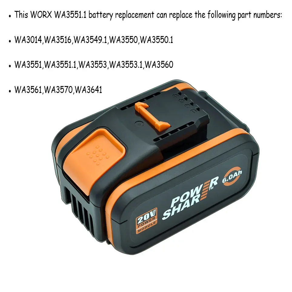 For 20V Battery 6000mah Li-ion for Worx WX390/WX176/WX166.4/WX372.1 WX800/WX678/WX550/WX532/WG894E WG629E/WG329E/WG2