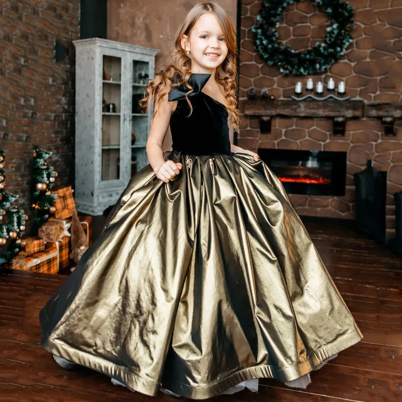 Customized Black Gold Flower Girl Dresses Satin With Bow Single Shoulder For Wedding Birthday Prom Banquet Princess Gowns