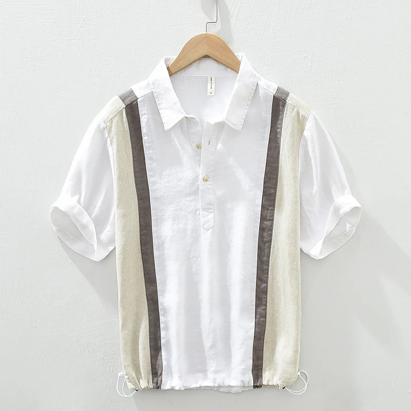 

Loose Fit Men's Linen irt ort Sve Dstring Casual Summer Faion Five-Quarter Sve Breathable Absorbent Vintage Sle