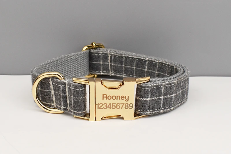 Neu eingetroffen: Personalisiertes Designer-Logo, graues Gittermuster auf weichem Baumwoll-Hundehalsband, Leinen, Geschirr, Kotbeutelhalter, Schleifen-Set Grid03 – Detail 2