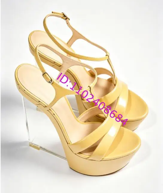 Design Women Super High Pvc Wedge Heel Platform Sandals Sexy Open Toe T Strap Buckle High Pvc Wedge Sandals