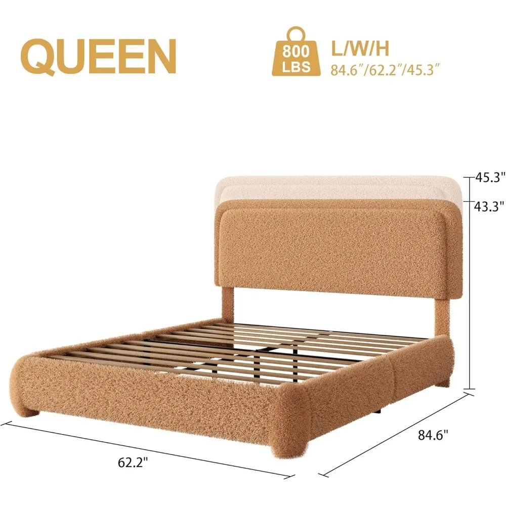 إطار سرير بمنصة Boucle بحجم كوين مع لوح رأسي قابل للتعديل بمستويين، وسرير سحابي منجد، وذرة مستديرة ناعمة مضادة للتصادمات