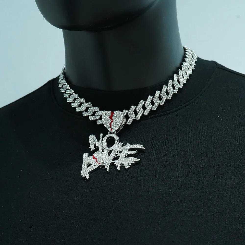 DIY accessories European and American hip hop full diamond splicing letter love pendant men's collarbone chain heartbreak letter