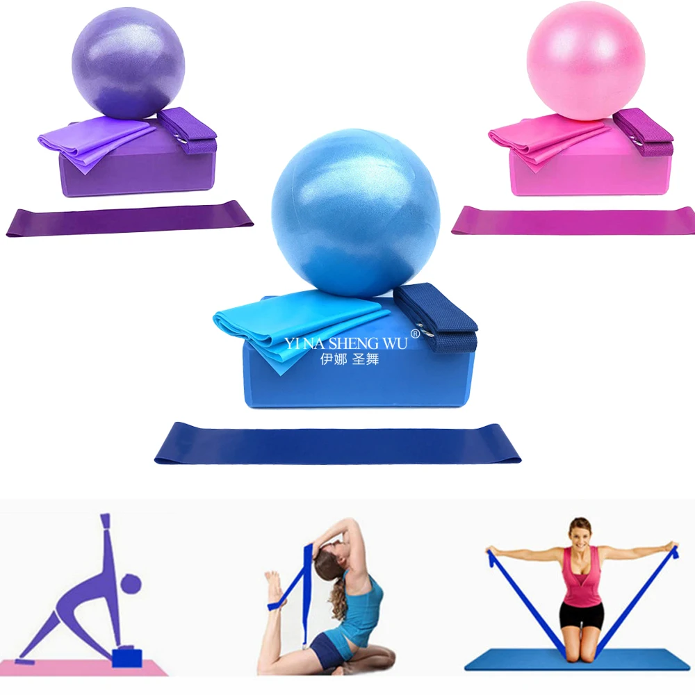 Yoga Starter Kit 5pc Set Yoga Equipment Set With Blocks Ball Stretching Strap Resistance Loop Pilates Exercise Band Home Fitness