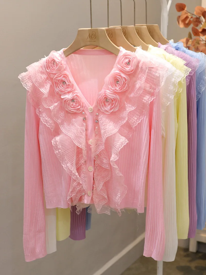 

Sweet Three-Dimensional Flower Beaded Rhinestone Lace Trim Sunscreen Cardigan for Women, 2025 Summer Slim Fit Short Thin Top