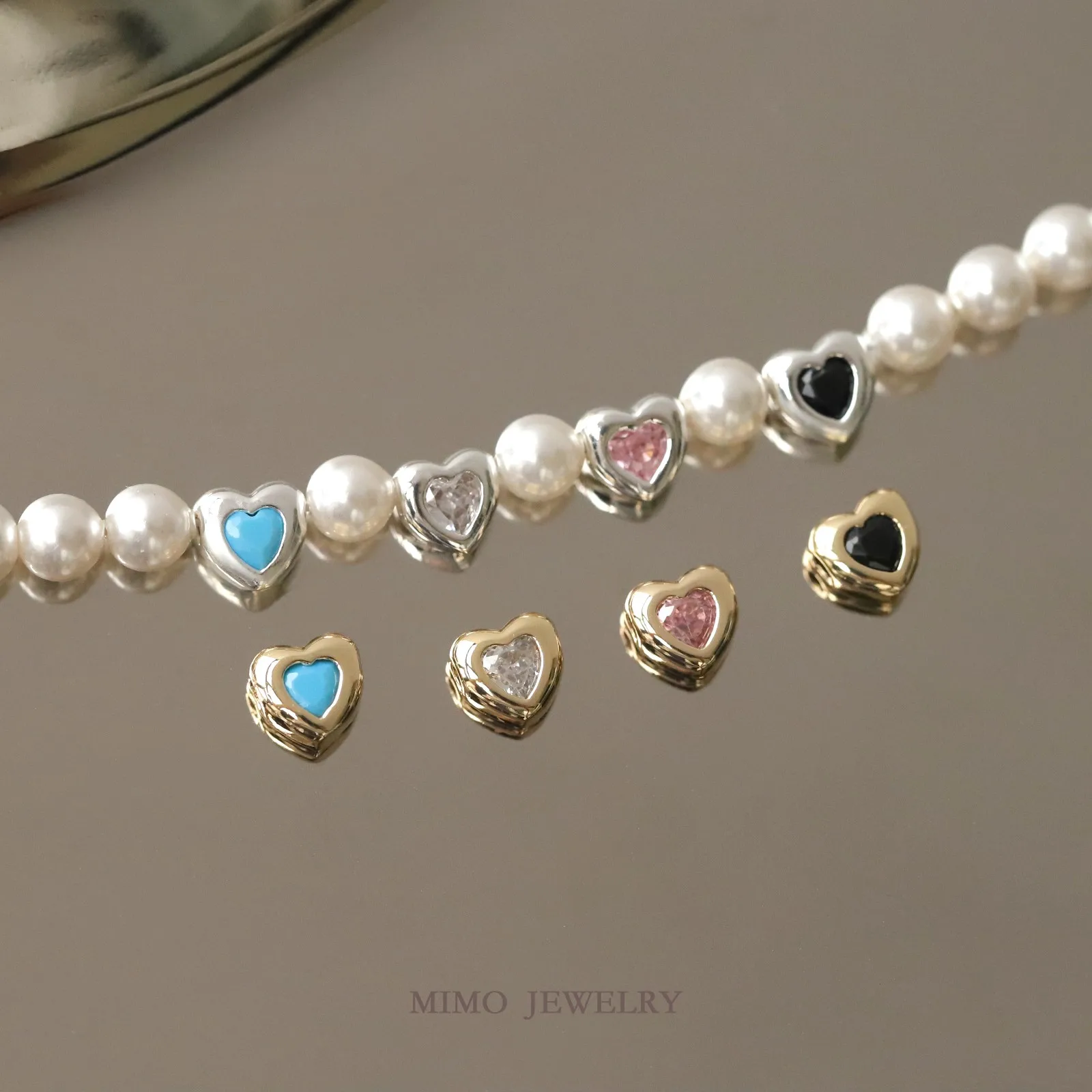 Colored Heart-shaped Zircon Through-hole Bead Scattered Beads Charms Pendant Supplies DIY Hand Brass Gold Plated Accessories