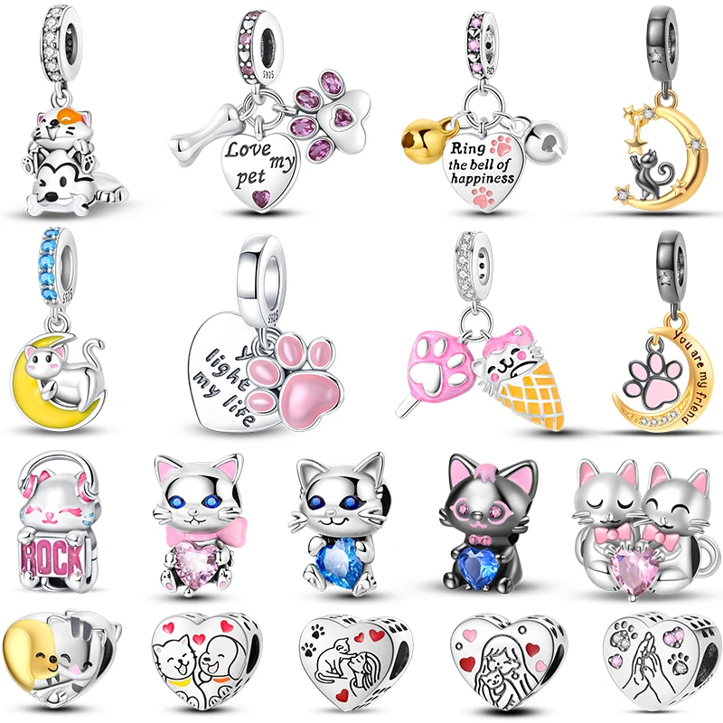 925 Sterling Silver Playful Obedient Mischievous Cat Multi Form Cute Charms Beads Fit Pandora Original Bracelets DIY Jewelry