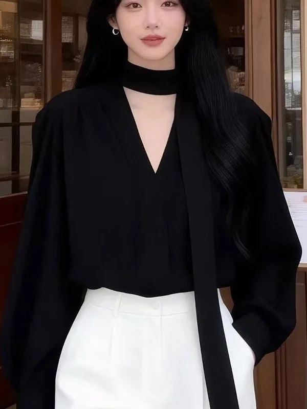 

Women's V-Neck Sash Long Sleeve Shirt Loose Fit Outerwear Spring 2026 Elegant Top French Style Casual Fashion Basic Shape