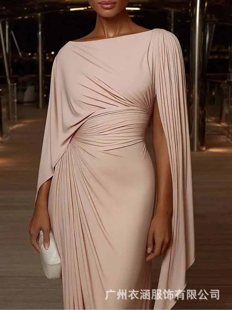 Sexy Abendkleid mit Schrägausschnitt und Falten, Elegantes Hochgeschnittenes Einfarbiges Bankett-Kleid, Damen Freizeitkleid mit Unregelmäßigen Langen Ärmeln – Detail 8