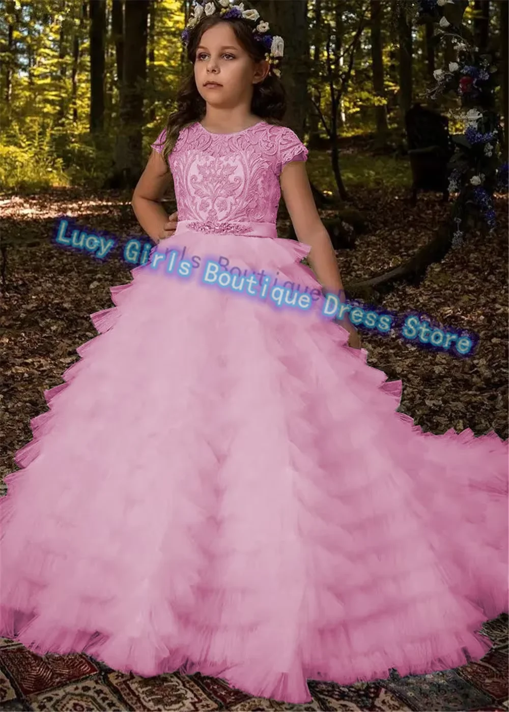 

Elegant Pink Tulle Fluffy Flower Girl Dress Lace Applique Layered For Little Princess Wedding Birthday Ball Party Evening Gowns