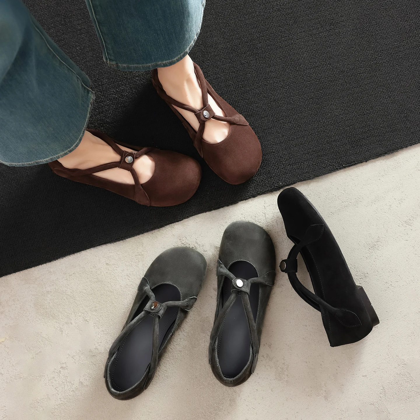 2026 new spring autumn women pumps natural leather 22-25 cm kid suede+sheepskin round toe  cross-strap mary janes women shoes