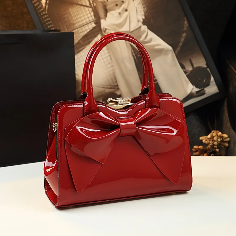 Patent Leather Handbags For Women Purse With Bow Satchel Top-Handbags Crossbody Bag Portable Shoulder Luxury