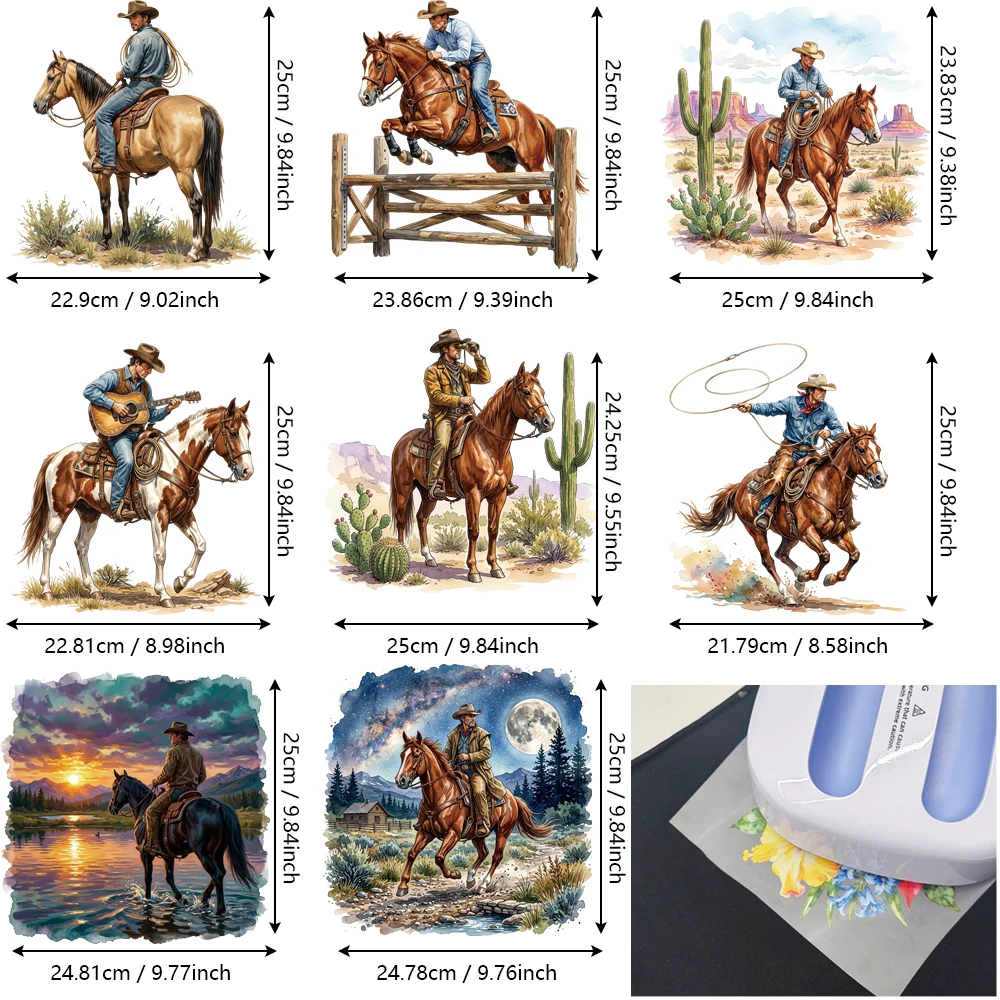 8Pcs Equestrian Rider HTV, 2D Ranch Life Flat Iron-on for Jackets, Abrasion-Proof Active Wear, High-Stretch No Crack Vinyl