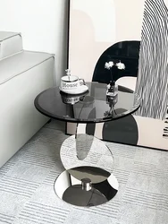 Minimalist High-end Sofa Edge Table, Movable Glass Small Coffee Table for Home Living Room, Stainless Steel Corner Table