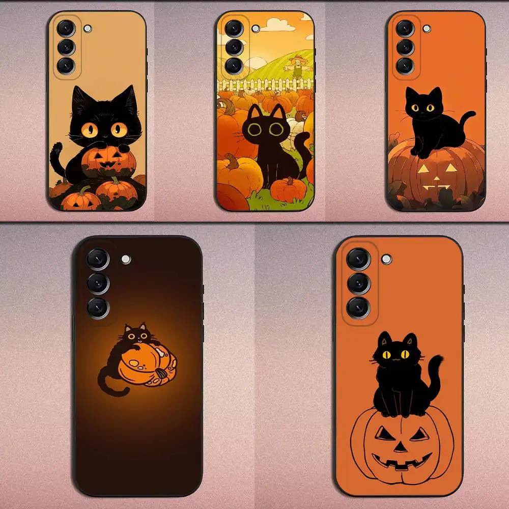 

Cute Cat Pumpkin halloween Phone Case For Samsung Galaxy A20,A21s,A22,A31,A32,A52,A53,A72,73,A80 Soft Black Cover