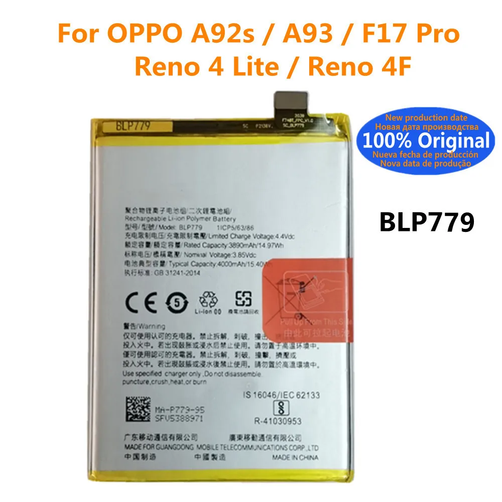 

100% Original New 4000mAh BLP779 Battery For OPPO Reno4 Lite / F17 Pro / A92s / A93 / RENO 4F Mobile Phone Battery Bateria