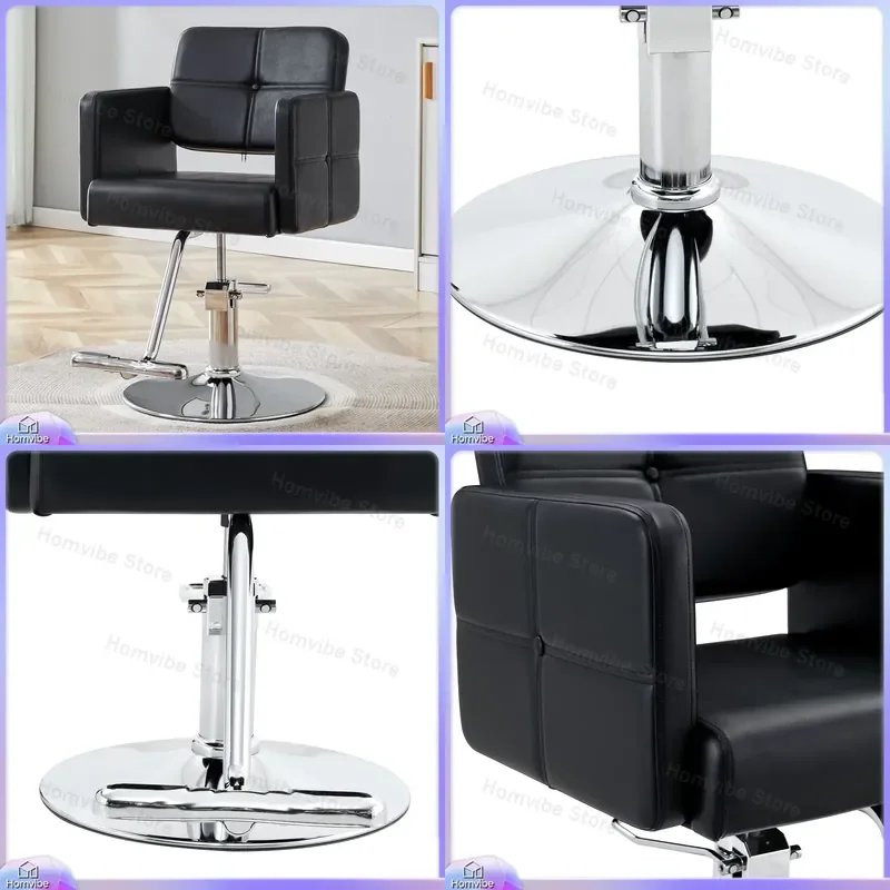 Modern Black PU Leather Barber Chair with Adjustable Height Rotatable Swivel Base Silver Metal Legs for Hair Salon Barbershop