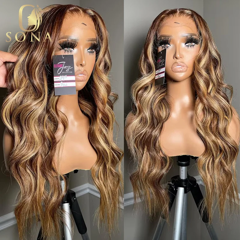 

4-27#Highlight Wig 13x6 HD Lace Frontal Body Wave Highlight Human Hair Wigs For Women Ombre 13x4 Honey Blonde Lace Front Wig