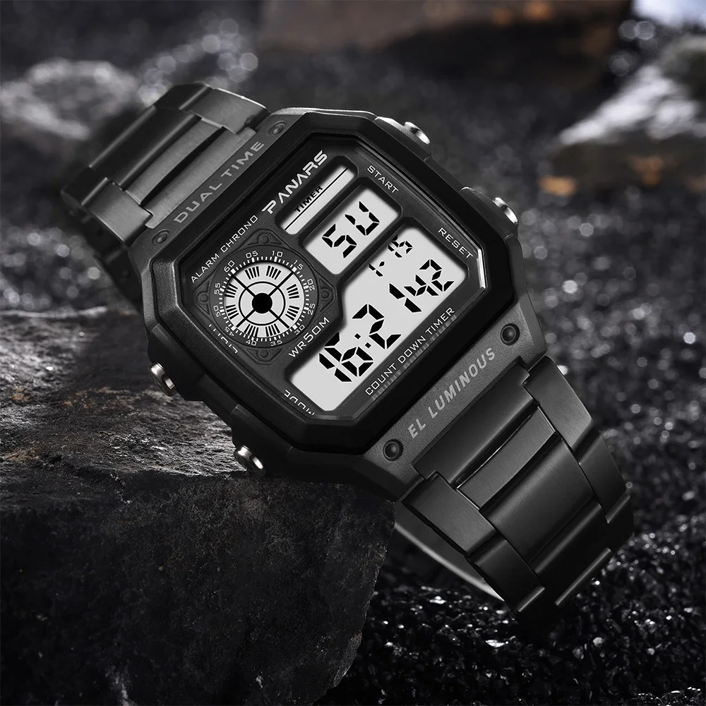 PANARS Top Luxury Stainless Steel Strap Sport Watches Men Waterproof Back Light Digital Wristwatch Male Alarm Trendy and Fashion