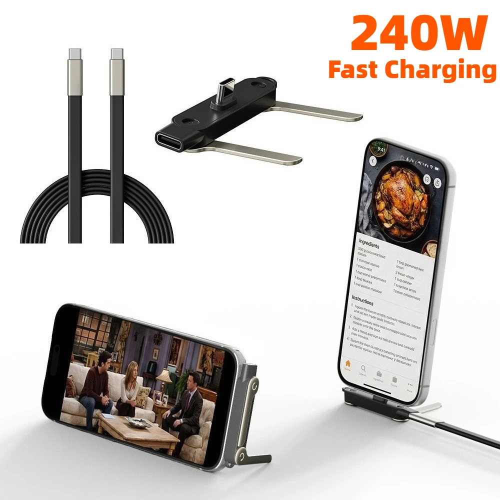 240W USB C Cable 2-in-1 Phone Stand Fast Charging Braided Cord for iPhone Samsung Huawei Xiaomi Laptop 1.5M Type C to C cable