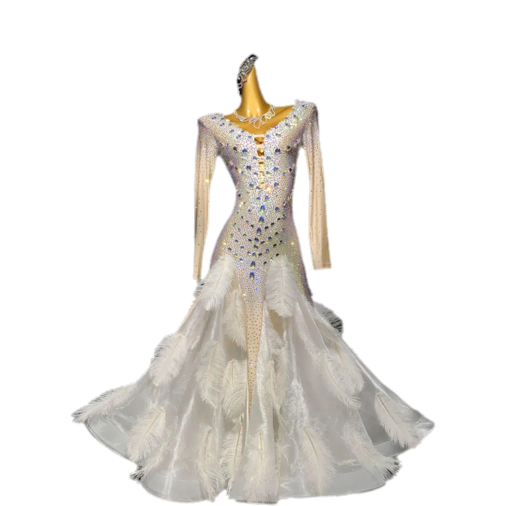 

Latin Dance AB Stone Female Adult Children High end Customized Stickers Feather Long Dress Black Pool Samba Performance Dress