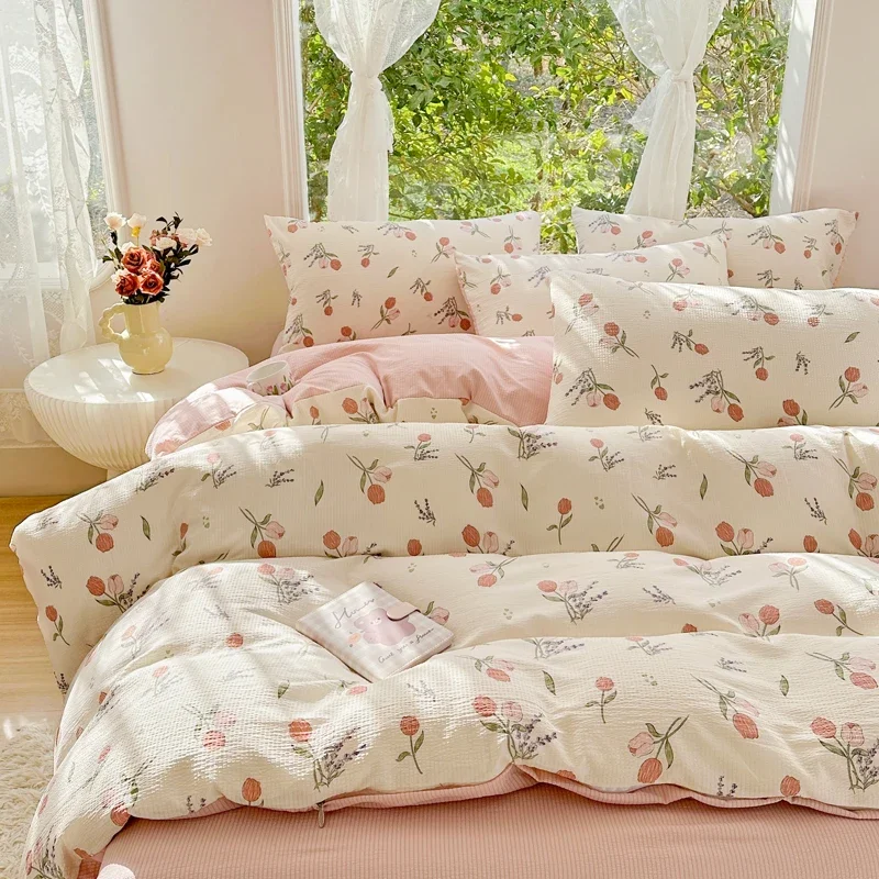 Fresh Plant Flower Bedding Set Pink Floral Duvet Cover Soft Wash Cotton Home Textiles Pillowcase Sheet Girls Adults Bed Linens