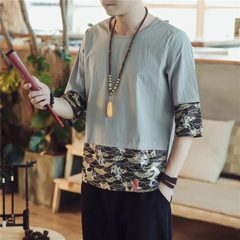 2024 ฤดูร้อนVINTAGEเสื้อผ้าฝ้ายผ้าลินินปลาคาร์พKung Fu Hanfuเสื้อผ้าจีนแบบดั้งเดิมสําหรับชายเสื้อMN3