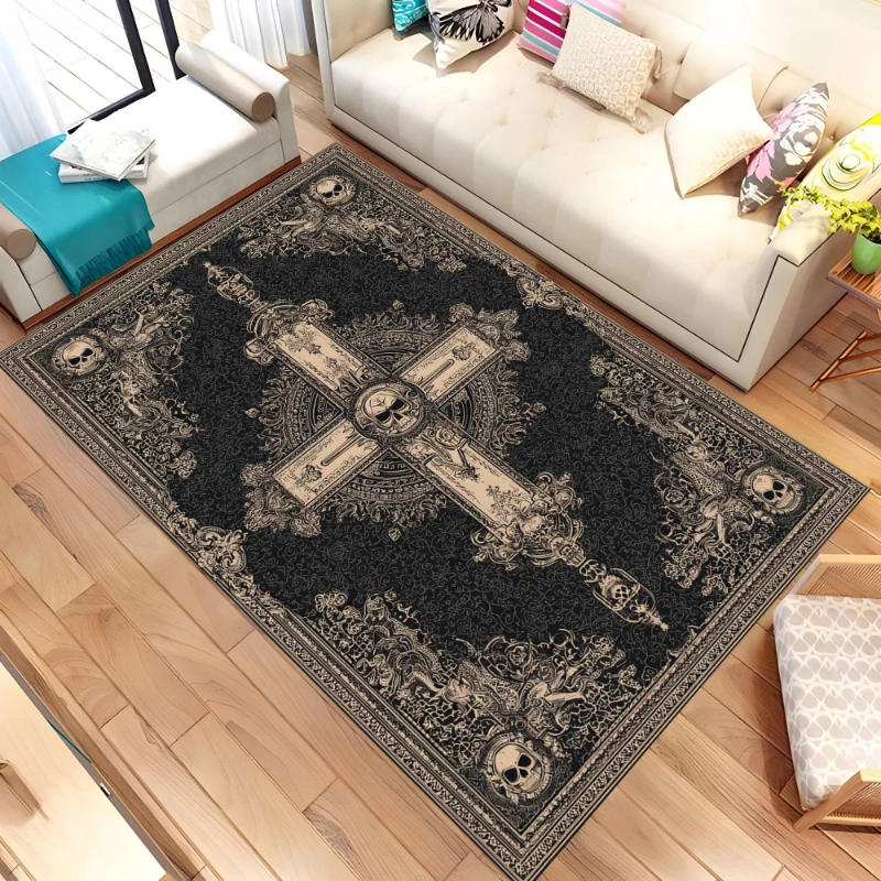 Gothic Skull Area Rug Vintage Cross Sword Carpet Cozy Home Floor Mat Lounge Office Apartment Indoor Mat Decorative Washable