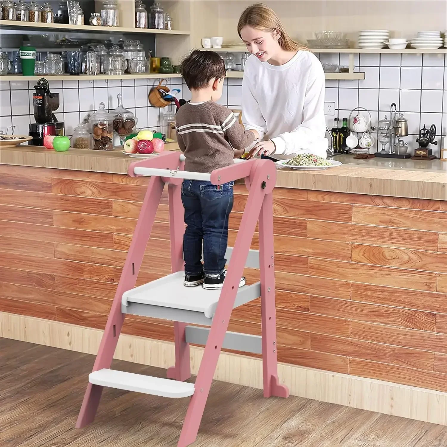 Toddler Kitchen Stool Helper, Tower with 3 Adjustable Height, Wooden Step Stool, Collapsible