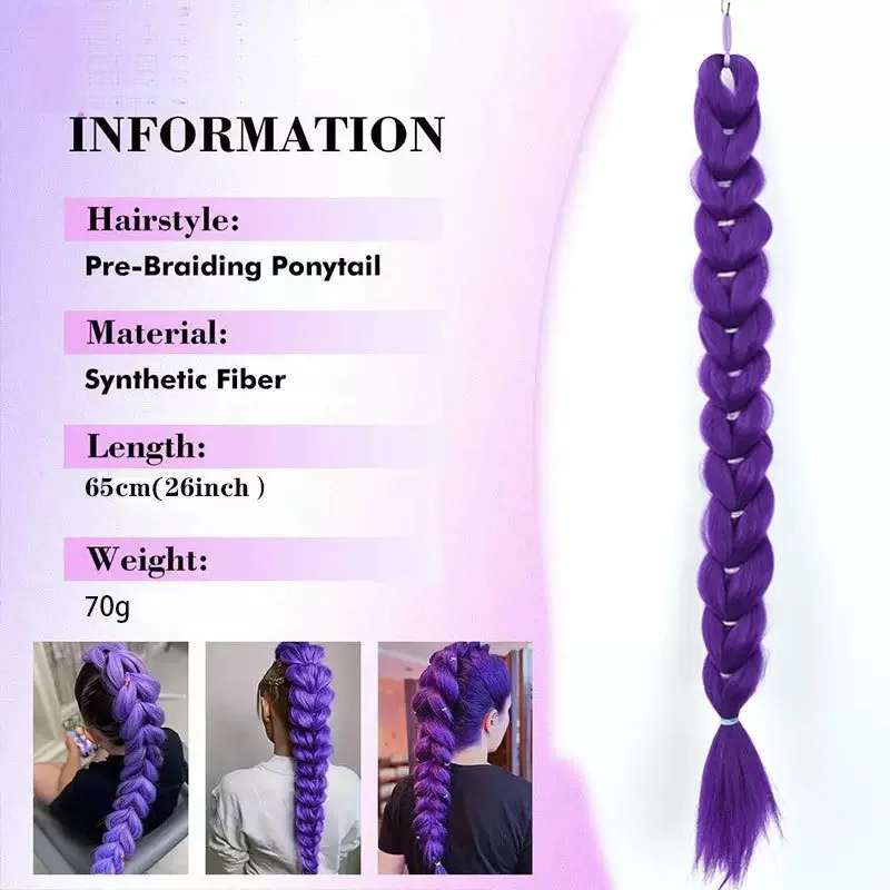26 inch Purple Braids Ponytail Rubber Band Pre Braiding Hair Synthetic Purple Hair Extensions for Halloween Costume Cosplay