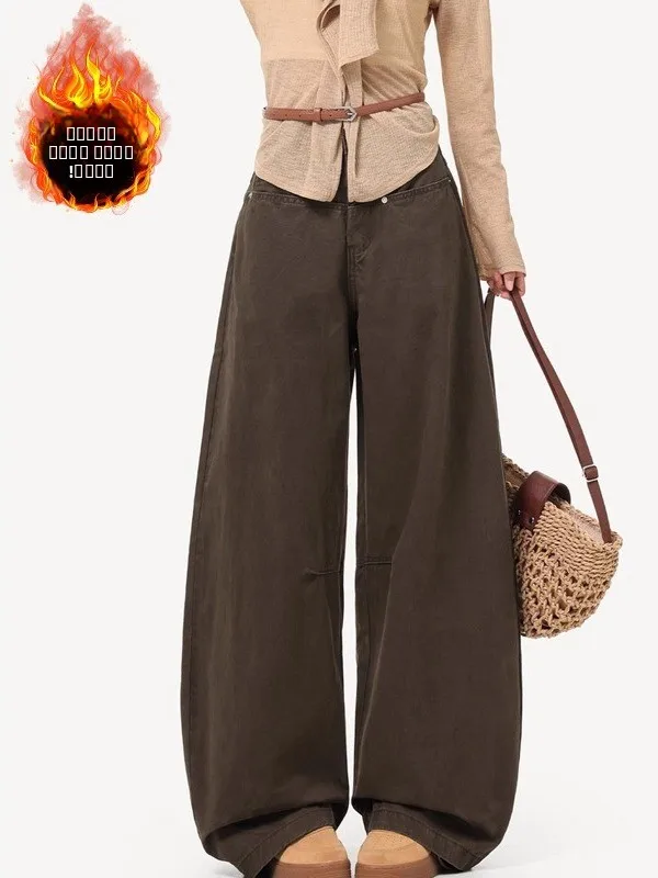 

Женские джинсы-клеш с широкими штанинами на флисовой подкладке, зимние, больших размеров, свободные, прямого кроя, прикрывающие бедра