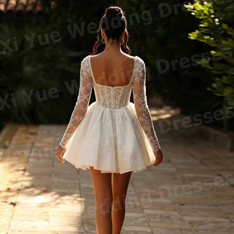 Graceful Mini A Line Women's Long Sleeve Lace Appliques Wedding Dresses Vestido De Novia Bride Gowns Customized Robe De Mariée