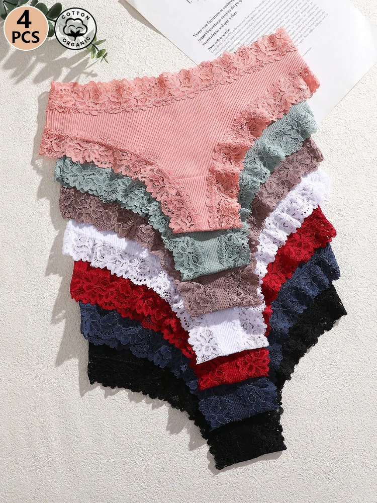 32945-33a2a4.jpg 4Pcs Cotton Floral Lace Thongs Underwear Women Sexy Low Waist Brazilian Panties Girl Solid Color Breathable T-Back Soft Lingerie - Image 1