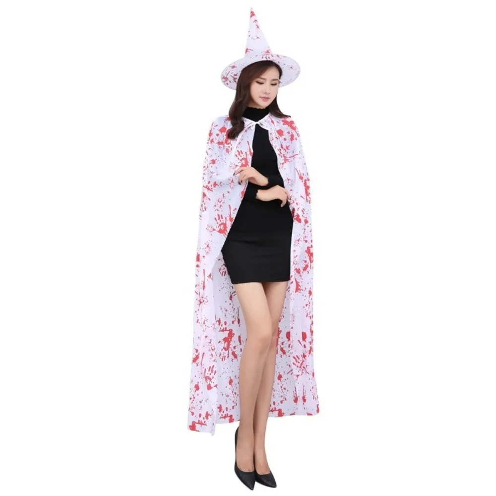 Blood Printed Witch Cloak Hat Set Cosplay Props Black Halloween Blood Costume Masquerade Costume Accessories Horror Cape Kids