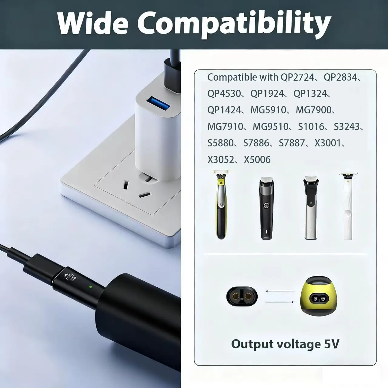 5V Type-C Shaver Charger Adapter Converter for Philips QP2724 QP2834 QP4530 MG5910 MG7910 MG9510 QP1924 QP1324