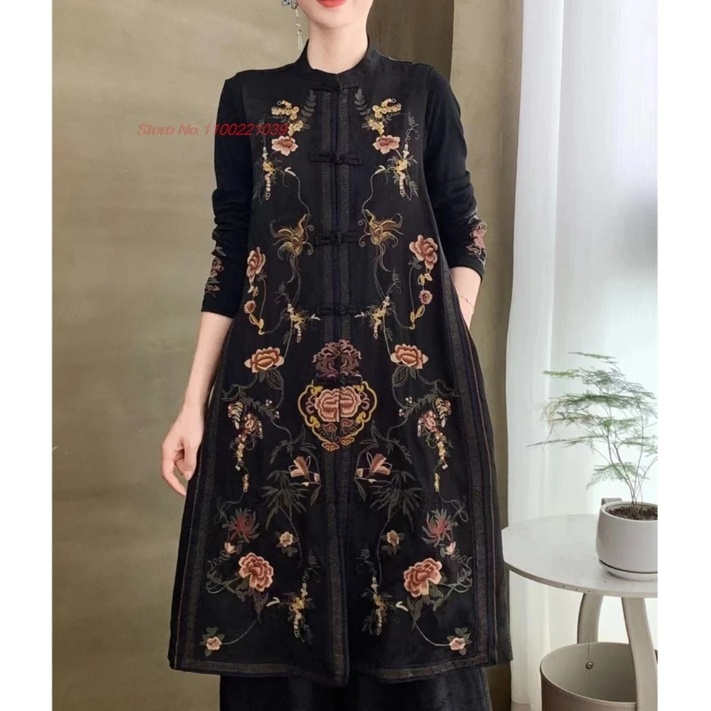 

2025 chinese vintage satin jacquard vest traditional flower embroidery stand collar vest retro hanfu tops sleeveless jacket