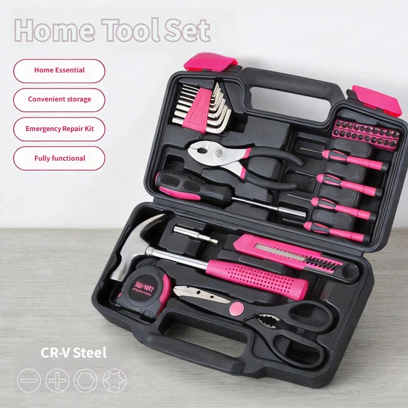 24PCS Pink Home Hand Tool Set with Storage Organizer for Women Daily Home Maintenance and Car Repair ﻿