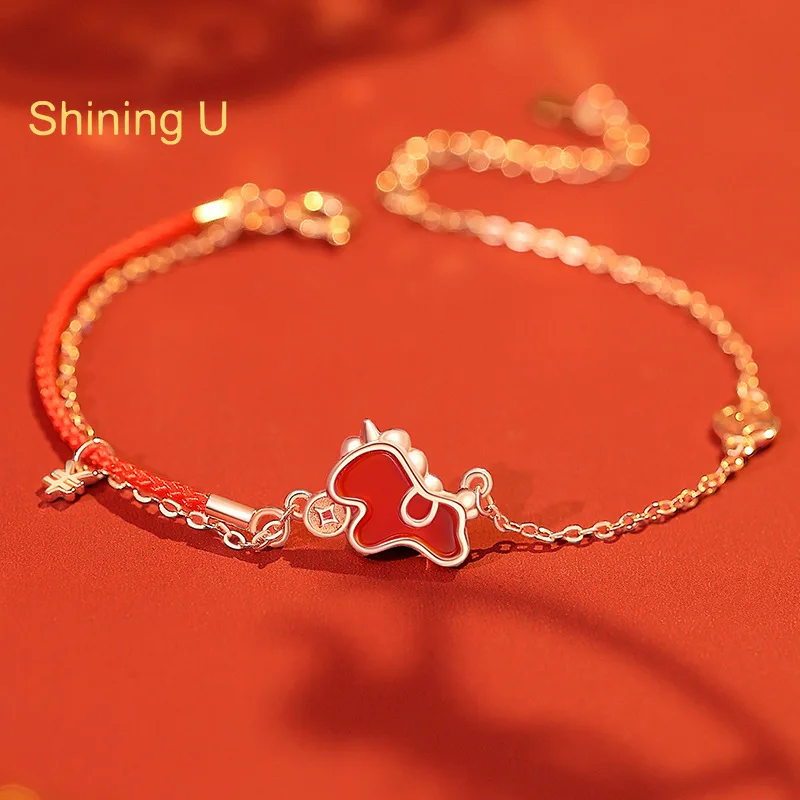 

Shining U 925 Sterling Silver Agate Red Line Horse Horse Bracelet for Women Fine Jewelry Good Luck Year of Horse