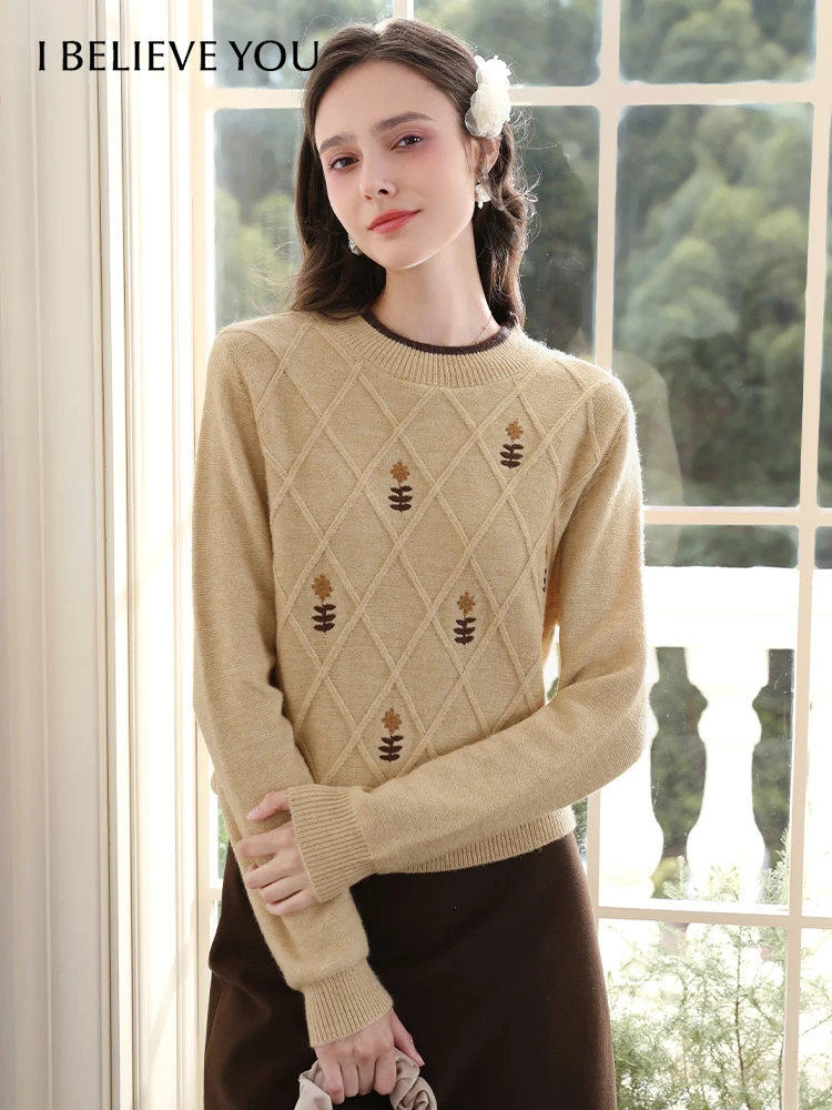 

I BELIEVE YOU Khaki Embroider Pullover Crew Neck Knitted Sweater Women 2024 Autumn Winter New Long-sleeved Wool Tops 2244125830