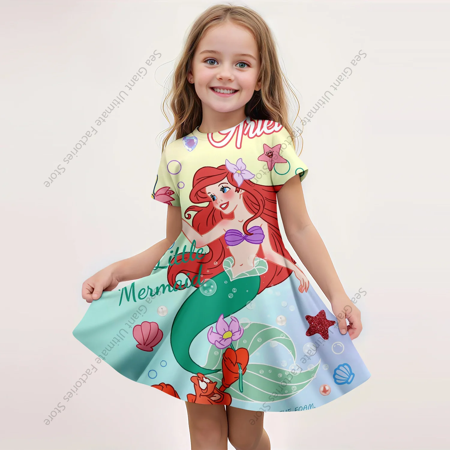MINISO New Girls Summer Dress Fashion Cartoon Cute Princess Friend 3D Print Dresses Girls Short Sleeve Princess Party Clothing