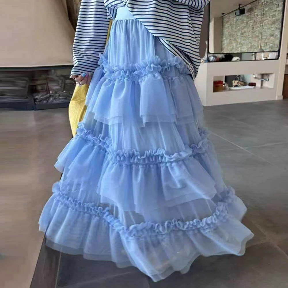 Korean heavy industry mesh layered cake skirt women's 2026 autumn new pleated light skirt  korean fashion clothing