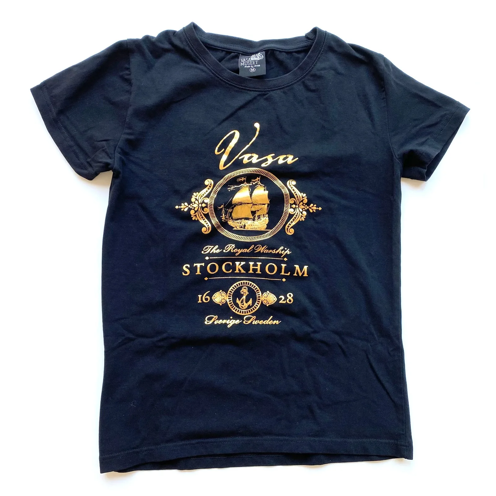 Vasa Museum Womens T-Shirt M Black Gold Graphic Ship Stockholm Sweden Cotton New