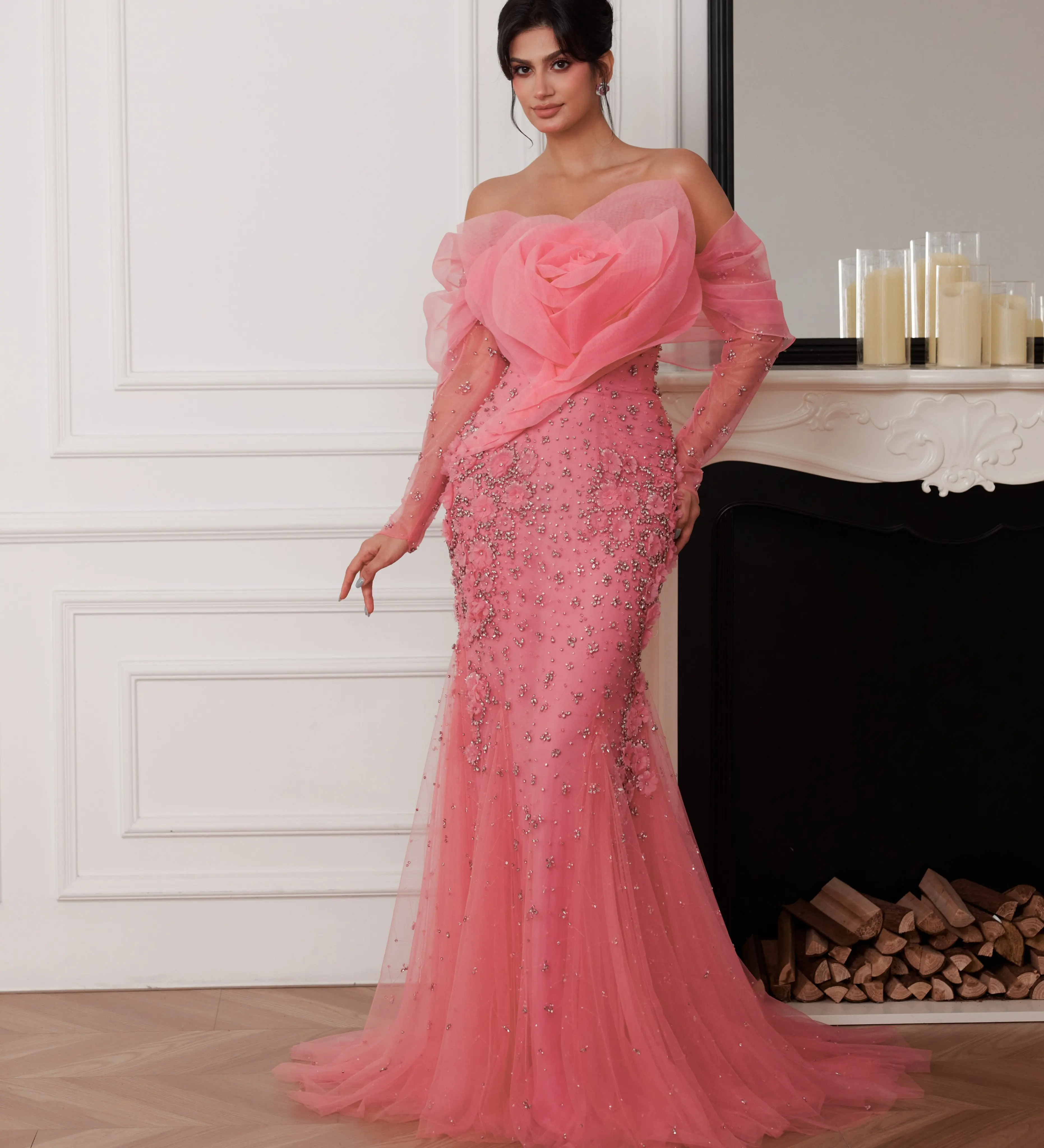 Customized Elegant Pink Mermaid Boat Neck Chest with Flowers Evening Dresses Full-Body Rhinestones Luxury Prom Party Gowns