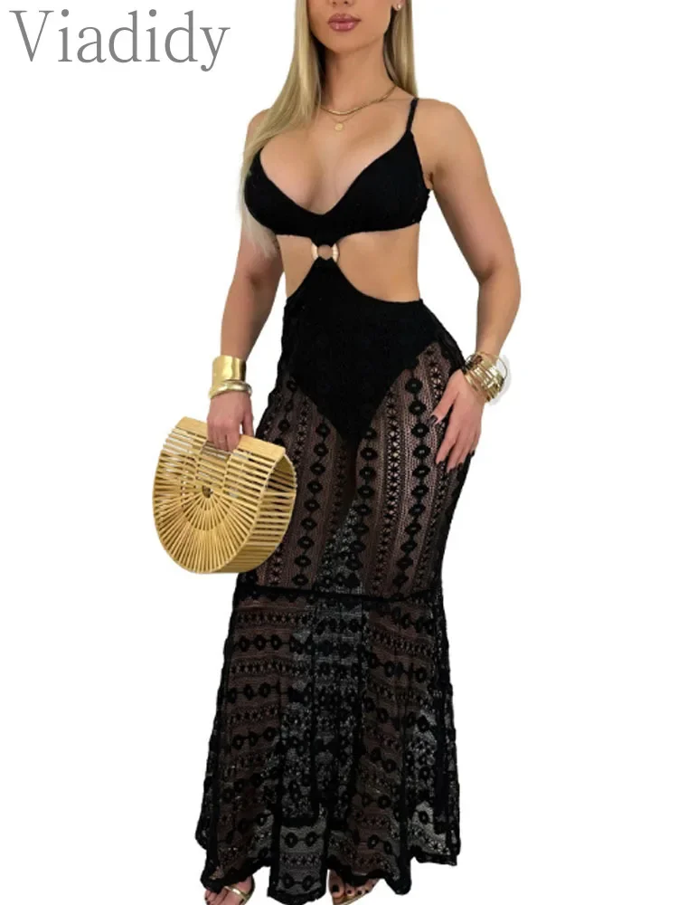 

Women's Sexy See Through Lace Sleeveless Hollow Out Floor-length Party Dress
